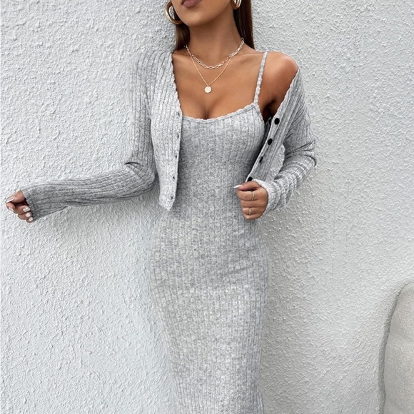 SHEIN Dresses & Skirts - Women's Petite 2 Piece Set Rib Knit Split Thigh Cami Dress with Button Front Top